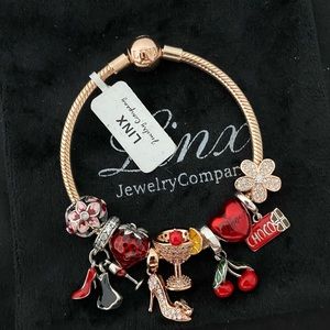 Linx Rose Gold Snake Chain Bracelet with Red and Rose Gold Themed Charms